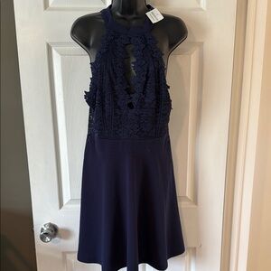 Elegant Navy Lace Halter Dress